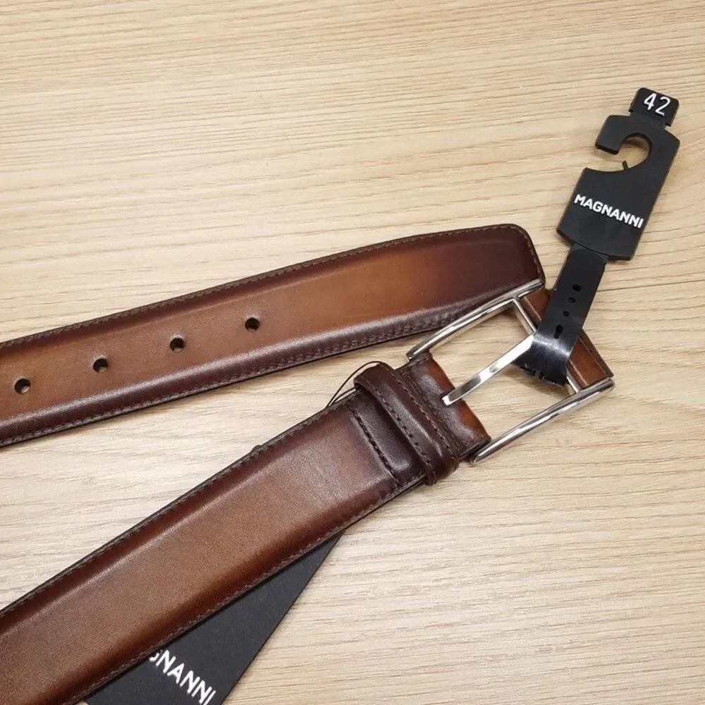 MAGNANNI Belt Mens Size 42 Brown Leather Silver Buckle VELAZ